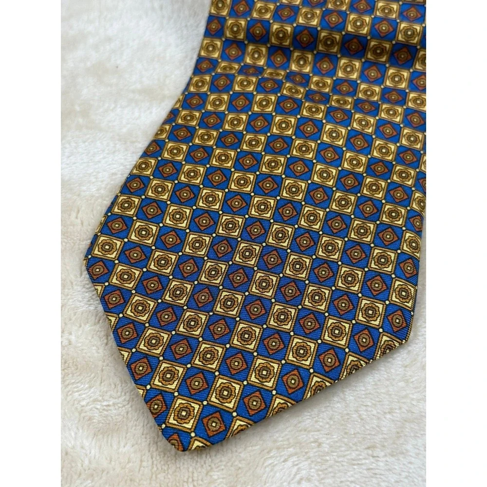Brooks Brothers Makers Silk Necktie Blue Gold‎ Geometric Men's Dress Tie